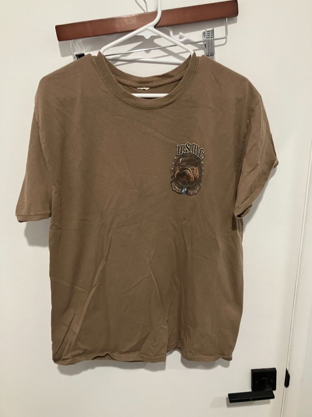 USMC Marine Corps Bulldog T-Shirt Mens Large Brown 2-Sided Graphic Devil Dog Tee